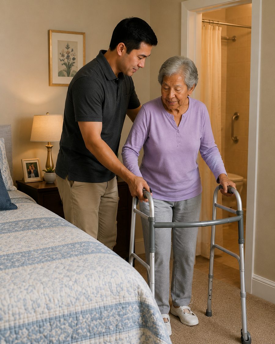A caregiver helping an older woman walk safely with a walker at home