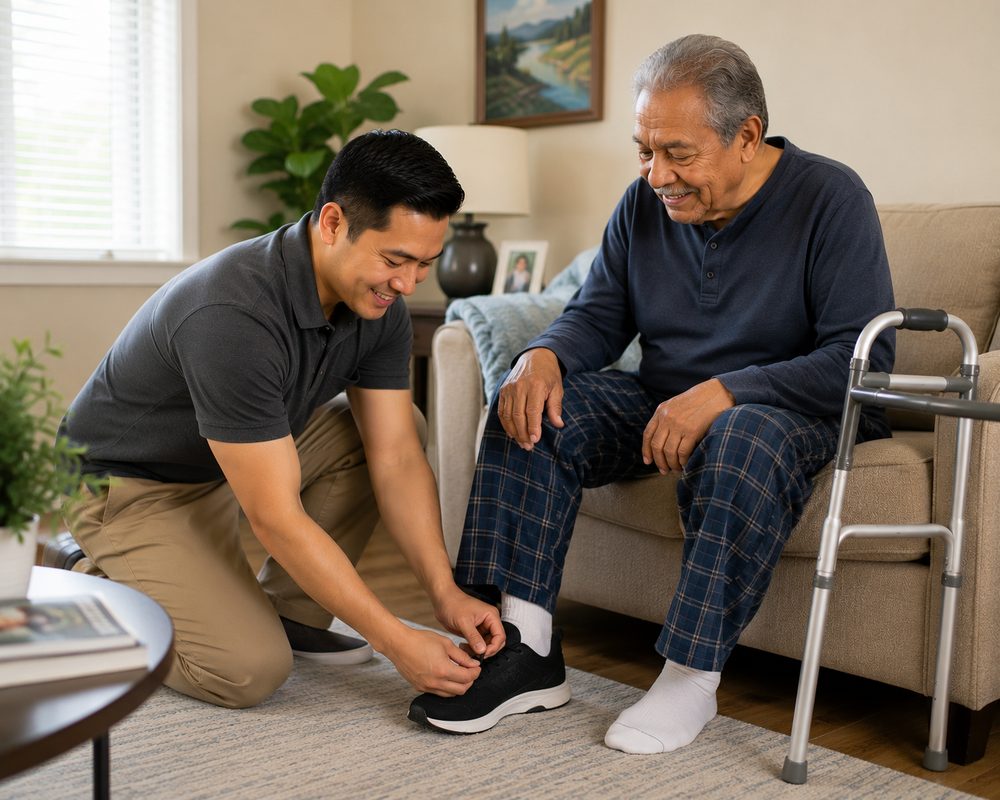 A caregiver reading together with an older woman at home