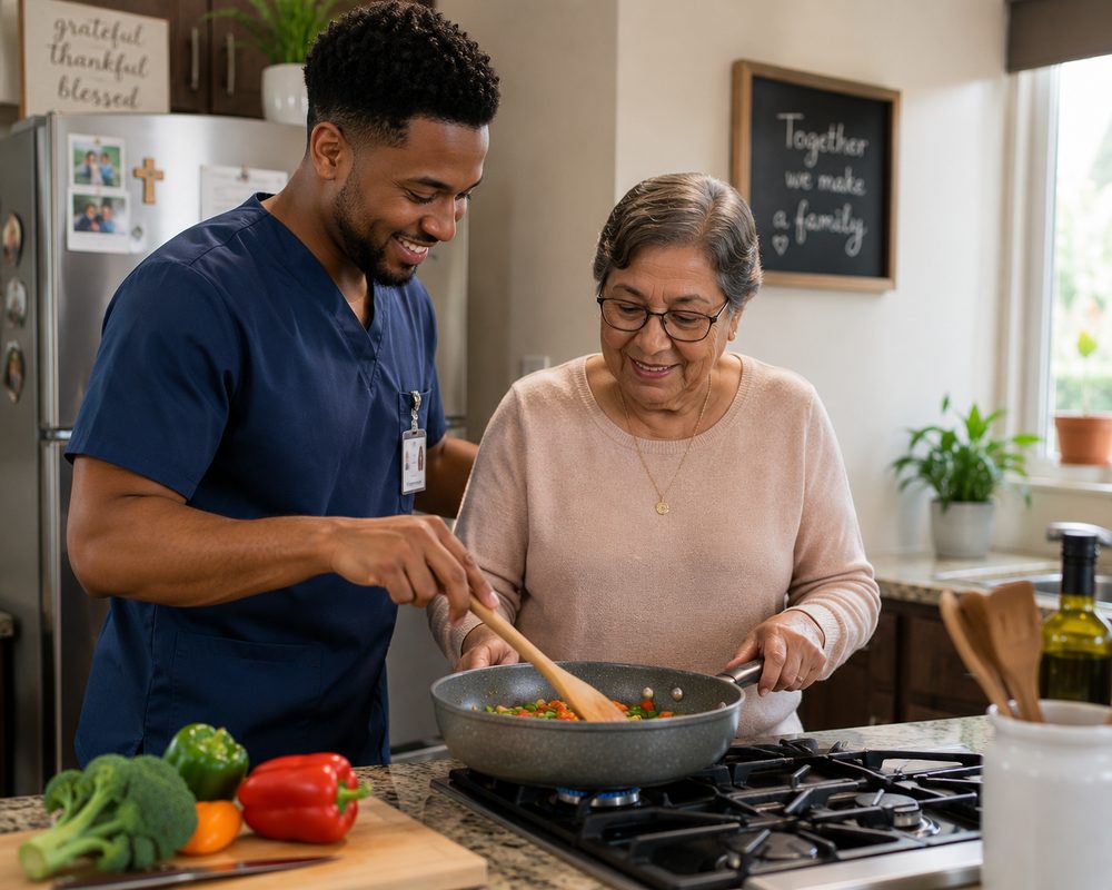 An IHSS provider preparing a meal with an older adult in the kitchen