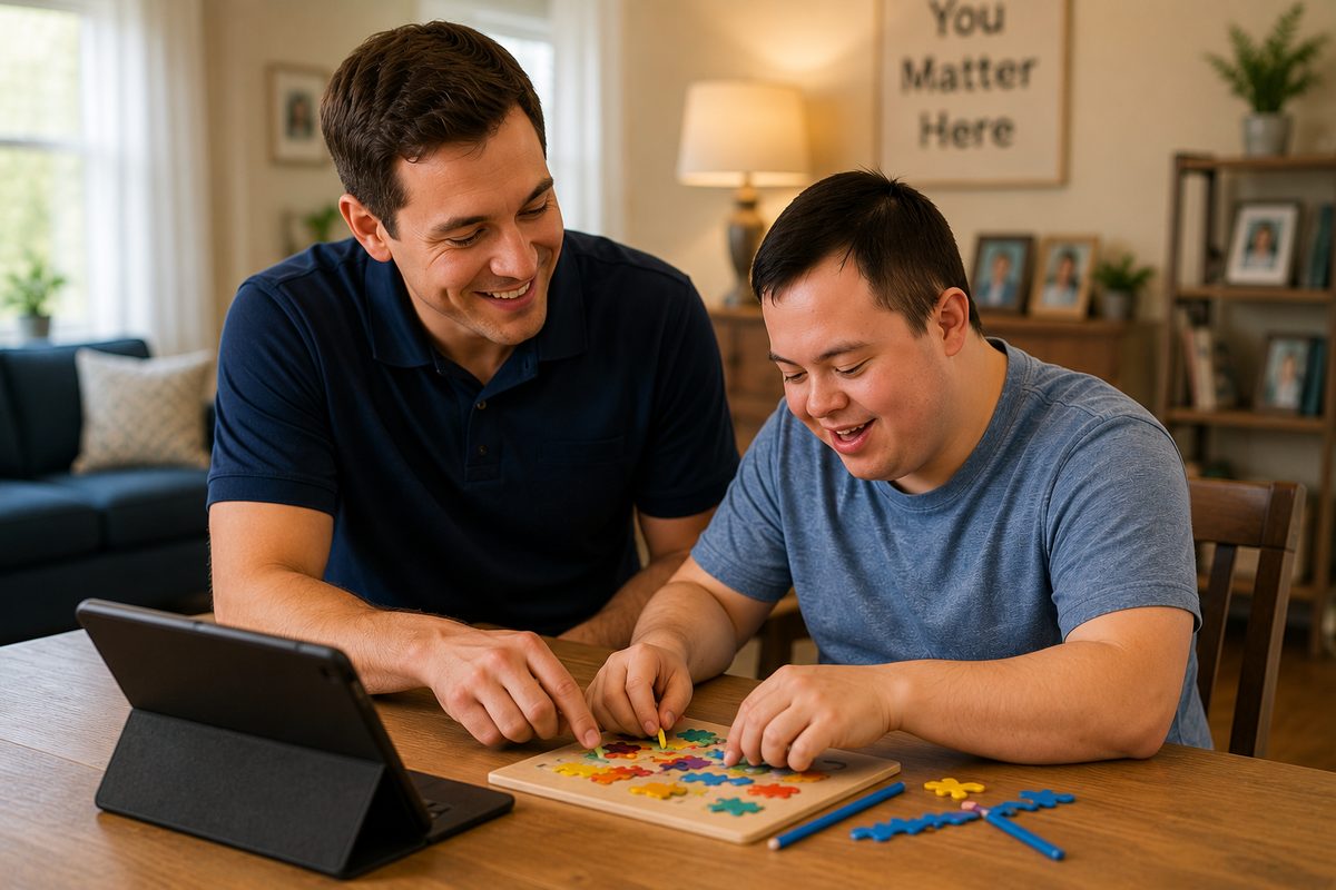 A caregiver helping a young man with a developmental disability with a puzzle activity at home