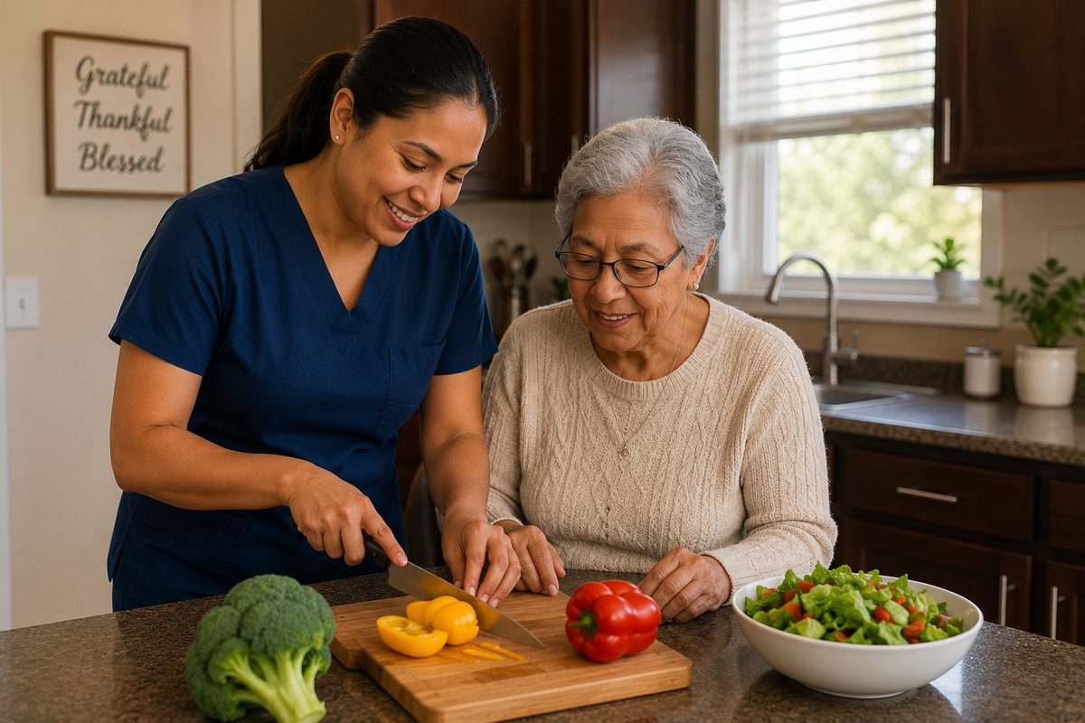 An IHSS provider helping prepare a meal with an older adult in the kitchen