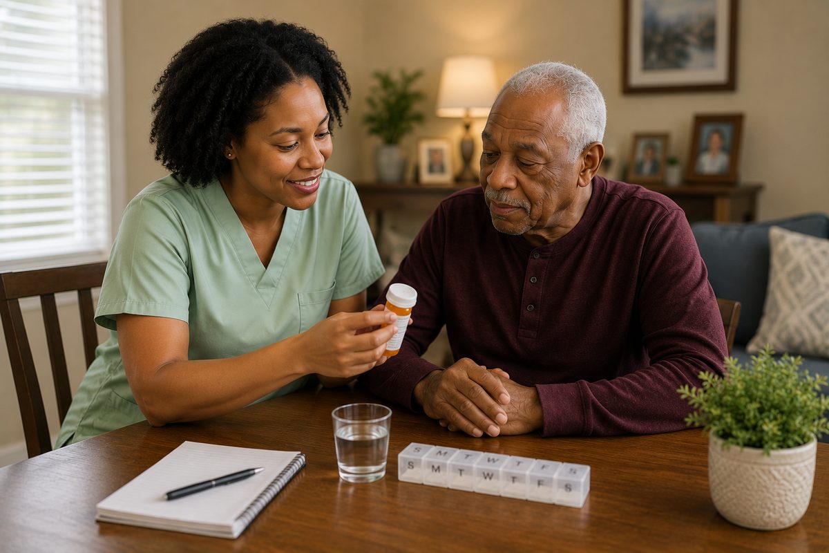 An IHSS provider reviewing medication with an older man at the kitchen table