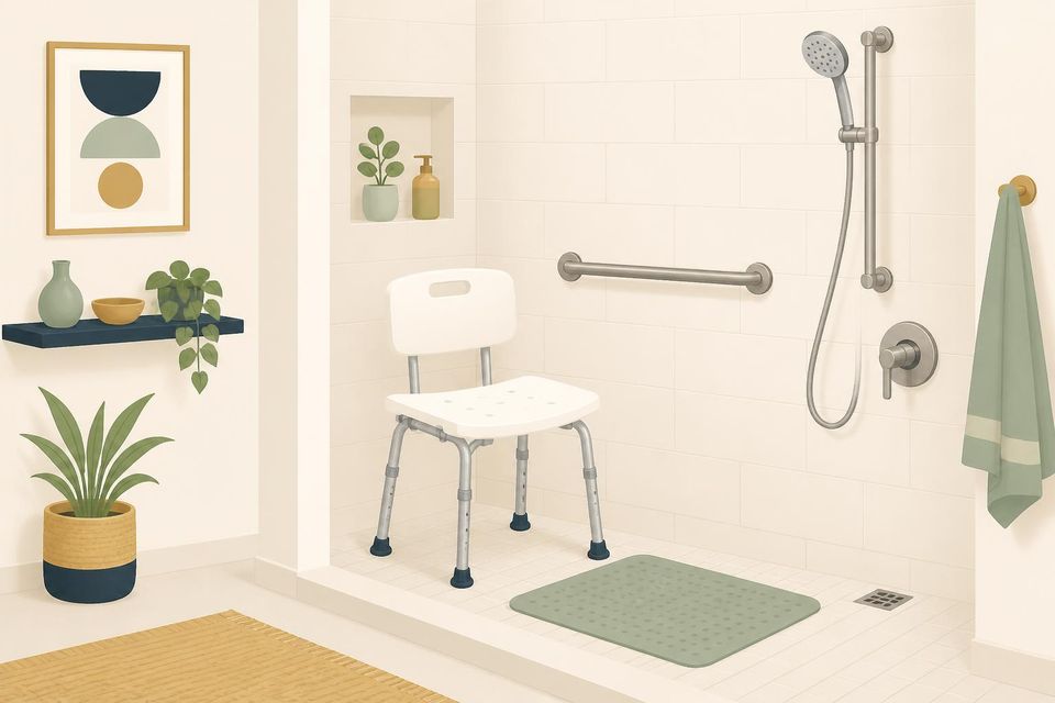 Illustration of a bathroom with a shower chair, grab bar and handheld shower head