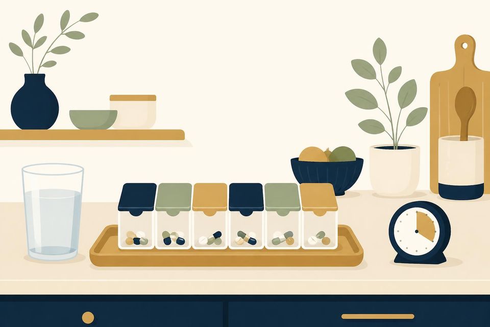 Illustration of a weekly pill organizer on a counter with a glass of water and a timer