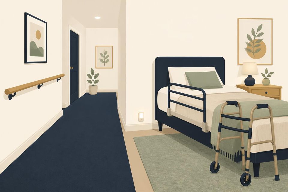 Illustration of a hallway and bedroom with a walker, a bed rail and a wall handrail