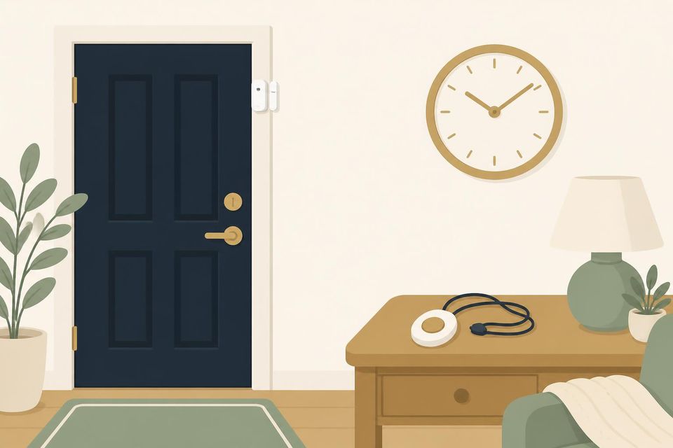 Illustration of a front door with a door alarm, a medical alert pendant and a wall clock