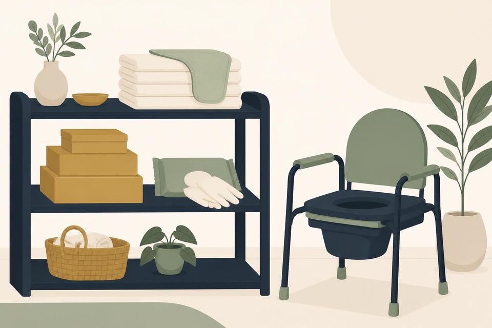 Illustration of a shelf with folded pads, plain boxes and gloves next to a bedside commode