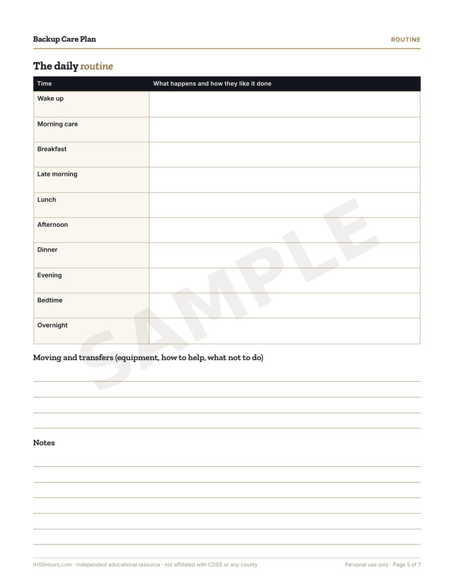 Sample page 3 of the Backup Care Plan