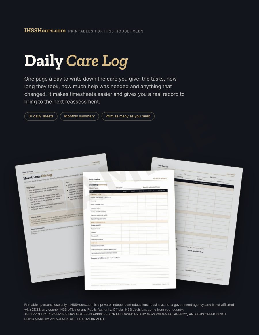 Sample page 1 of the Daily Care Log
