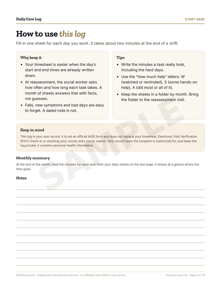 Sample page 2 of the Daily Care Log