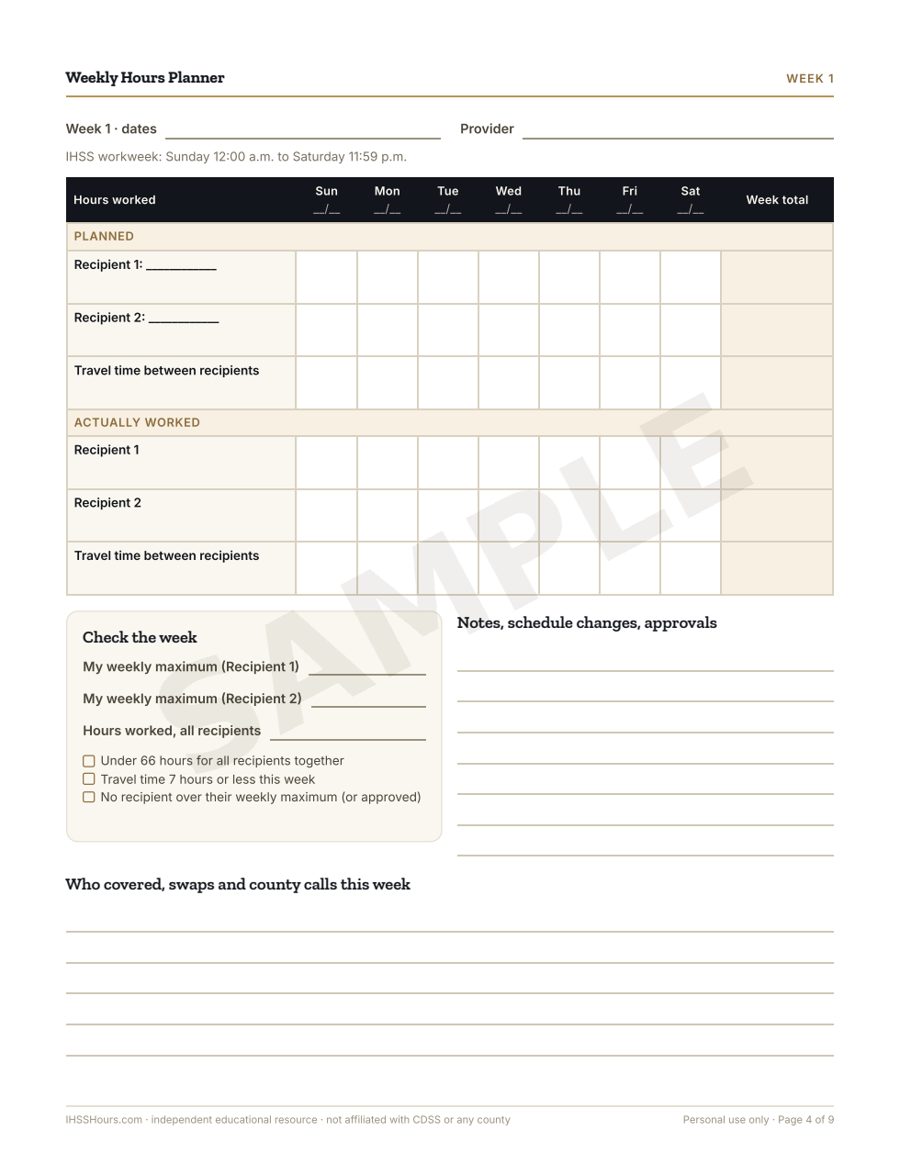 A real page from the Weekly Hours Planner