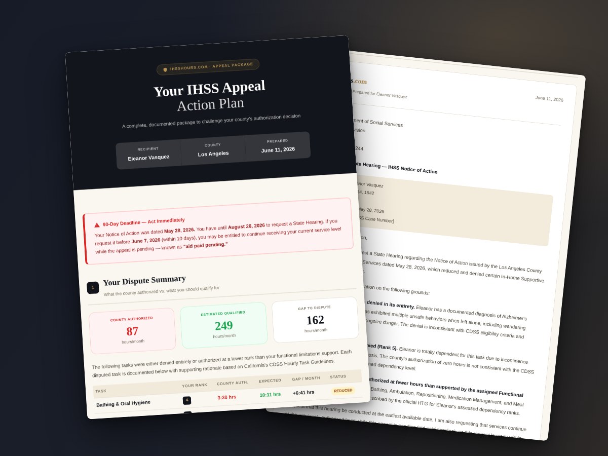 Two pages of a sample Appeal Package: the dispute summary with filing deadlines and the State Hearing request letter