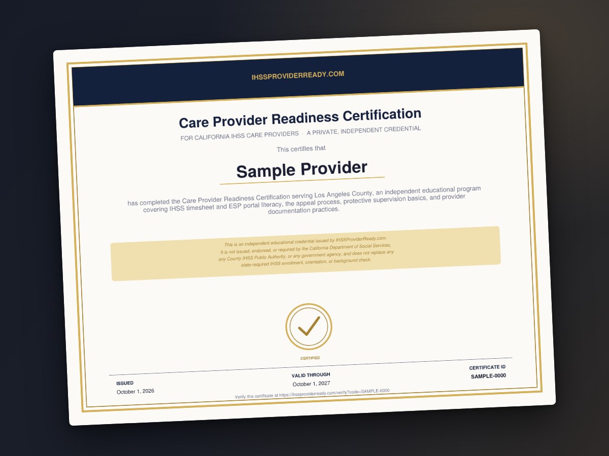 A sample Care Provider Readiness Certification certificate made out to Sample Provider